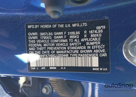 2020 Honda Civic Sport Touring from USA, damaged, VIN SHHFK7H9XLU203448